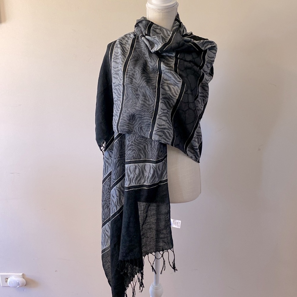 Vintage metallic gold thread black grey wrap shawl scarf with tassel striped